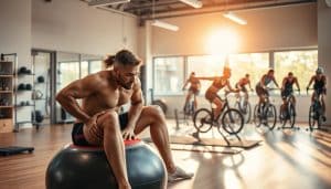 A state-of-the-art sports therapy clinic, flooded with warm natural light, showcasing a diverse array of athletes engaged in targeted recovery programs. In the foreground, a weightlifter diligently performs core exercises on a stability ball, their muscles rippling with determination. In the middle ground, a track runner stretches on a cushioned mat, their face exuding focus as they work to regain flexibility. In the background, a group of cyclists pedal stationary bikes, their brows furrowed in concentration as they push through a high-intensity session. The scene radiates a sense of holistic, evidence-based rehabilitation, where each athlete's unique needs are addressed with precision and care.