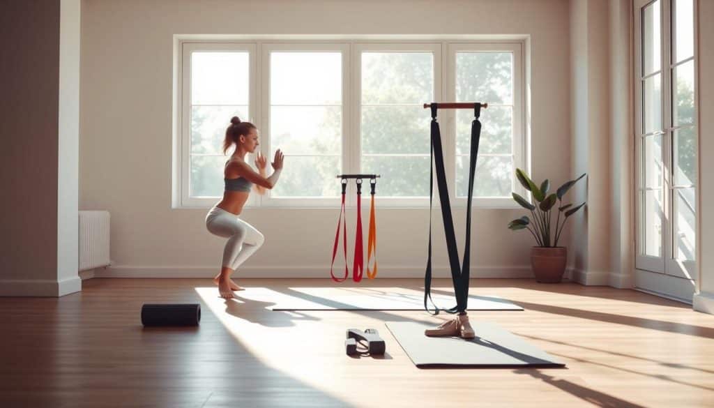 A sun-dappled scene of a minimalist home gym. In the foreground, a serene figure performs a simple squat, their form precise and focused. Mid-ground, a trio of resistance bands and a yoga mat await, ready for more beginner-friendly exercises. The background reveals a muted, nature-inspired palette, with soft lighting filtering through large windows, creating a calming atmosphere. Angles are clean, emphasizing the simplicity of the exercises demonstrated. The overall mood is one of tranquility and approachability, inviting the viewer to embark on their own strengthening journey.