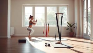 A sun-dappled scene of a minimalist home gym. In the foreground, a serene figure performs a simple squat, their form precise and focused. Mid-ground, a trio of resistance bands and a yoga mat await, ready for more beginner-friendly exercises. The background reveals a muted, nature-inspired palette, with soft lighting filtering through large windows, creating a calming atmosphere. Angles are clean, emphasizing the simplicity of the exercises demonstrated. The overall mood is one of tranquility and approachability, inviting the viewer to embark on their own strengthening journey.