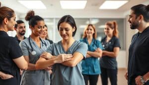 A team of dedicated physiotherapists, clad in professional attire, gathered in a modern, well-lit clinic. In the foreground, a therapist gently guides a patient through a series of rehabilitative exercises, their faces expressing empathy and focus. In the middle ground, another therapist consults with a client, discussing their progress and customized treatment plan. The background showcases the clinic's sleek, minimalist design, with clean lines, neutral tones, and an abundance of natural light filtering in through large windows. An atmosphere of care, expertise, and patient-centric approach permeates the scene, reflecting the clinic's commitment to exceptional sports recovery physiotherapy.