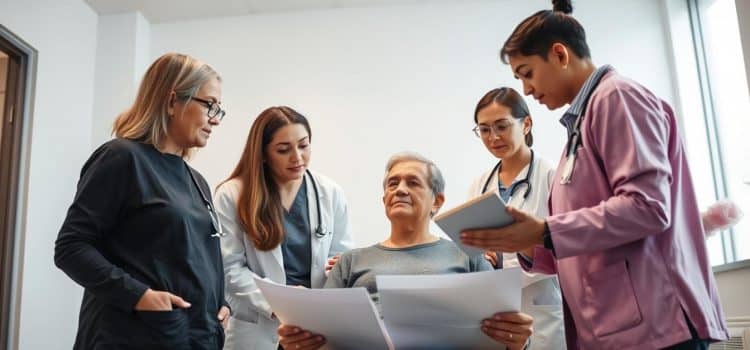 A team of healthcare professionals gathered around a patient, engaged in a thoughtful consultation. The scene is set in a modern, well-lit medical office, with clean lines and muted colors. The team, composed of a doctor, nurse, and physical therapist, leans in attentively, examining charts and discussing treatment options. The patient, framed in the center, appears relaxed and at ease, trusting their expert care. Soft, diffused lighting illuminates the scene, creating a serene and professional atmosphere. The camera angle is slightly elevated, capturing the collaborative nature of the interaction.