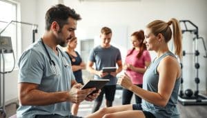 A team of healthcare professionals in a well-equipped sports therapy clinic, providing attentive long-term care for a patient recovering from a sports injury. In the foreground, a physiotherapist guides the patient through a series of targeted exercises, their faces reflecting deep concentration. In the middle ground, an athletic trainer and a sports nutritionist discuss the patient's rehabilitation plan, consulting a tablet. The background features a clean, modern clinic setting with state-of-the-art equipment and soothing natural lighting, conveying a sense of professionalism and a commitment to the patient's long-term wellbeing.