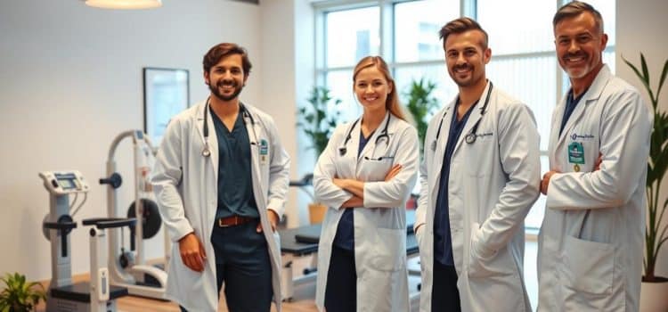 A team of professional physiotherapists standing together in a well-lit, modern healthcare facility. In the foreground, three physiotherapists wearing white coats and scrubs, smiling confidently and gesturing towards medical equipment. In the middle ground, a well-equipped examination room with state-of-the-art rehabilitation devices. The background showcases a clean, minimalist reception area with potted plants and warm, natural lighting filtering through large windows. The overall atmosphere conveys a sense of expertise, care, and dedication to sports recovery and rehabilitation.