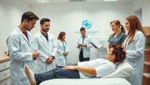 A team of skilled physiotherapists stands in a well-lit, modern clinic. In the foreground, three professionals in white coats and scrubs examine a patient on a treatment table, their expressions focused and attentive. In the middle ground, two other therapists discuss patient files, their body language conveying a sense of collaboration and expertise. The background features clean, minimalist decor, with subtle branding elements that suggest a reputable, established sports therapy practice. The overall atmosphere is one of professionalism, care, and a commitment to helping patients achieve their rehabilitation goals.
