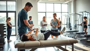 A team of sports therapy professionals gathered in a modern, well-equipped clinic. In the foreground, a physiotherapist guides a patient through gentle stretches on a padded treatment table, their movements captured in natural lighting filtering through large windows. In the middle ground, a sports nutritionist consults with an athlete, examining a tablet screen. In the background, a team of trainers and exercise specialists oversee clients using state-of-the-art rehabilitation equipment, their expressions focused and attentive. An atmosphere of care, expertise, and collaborative healing pervades the scene.