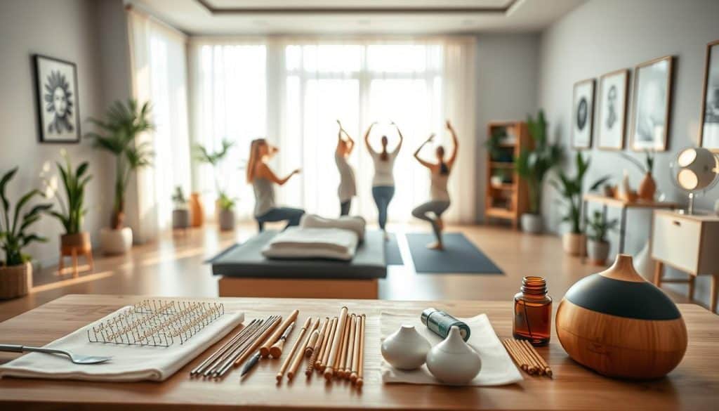 A tranquil medical clinic setting, with a diverse array of therapeutic modalities for chronic pain relief prominently displayed. In the foreground, various holistic treatments such as acupuncture needles, massage tools, and aromatherapy diffusers are neatly arranged on a clean, wooden table, bathed in warm, natural lighting. In the middle ground, a group of patients engage in gentle exercises like yoga and stretching, guided by a compassionate practitioner. The background showcases a serene, minimalist decor with potted plants, soothing artwork, and large windows that allow natural light to flood the space, creating a calming, rejuvenating atmosphere.