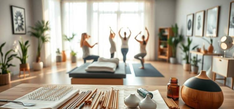 A tranquil medical clinic setting, with a diverse array of therapeutic modalities for chronic pain relief prominently displayed. In the foreground, various holistic treatments such as acupuncture needles, massage tools, and aromatherapy diffusers are neatly arranged on a clean, wooden table, bathed in warm, natural lighting. In the middle ground, a group of patients engage in gentle exercises like yoga and stretching, guided by a compassionate practitioner. The background showcases a serene, minimalist decor with potted plants, soothing artwork, and large windows that allow natural light to flood the space, creating a calming, rejuvenating atmosphere.