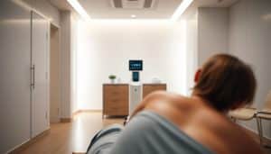 A tranquil medical office interior with a modern, minimalist aesthetic. In the foreground, a patient undergoing a targeted neuromodulation treatment, the electrodes gently placed on their body. In the middle ground, a TECAR therapy device stands ready, its sleek design complementing the space. The background features soothing, neutral-toned walls, creating a calming atmosphere. Soft, diffused lighting casts a gentle glow, accentuating the clinical yet serene environment. The overall scene conveys a sense of advanced, personalized pain management techniques in a professional, welcoming setting.