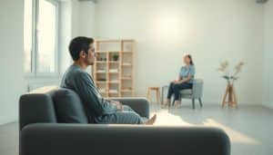 A tranquil, minimalist scene depicting the steps of a personalized therapy journey. In the foreground, a person sits comfortably on a plush, gray sofa, their expression one of introspection. Soft, natural lighting filters in through large windows, casting a warm glow on the scene. In the middle ground, a therapist sits across from the person, their body language open and welcoming. The background features clean, white walls and a simple, wooden bookshelf, creating a calming, therapeutic atmosphere. The overall mood is one of serenity and personal growth, reflecting the transformative nature of the manual therapy process.