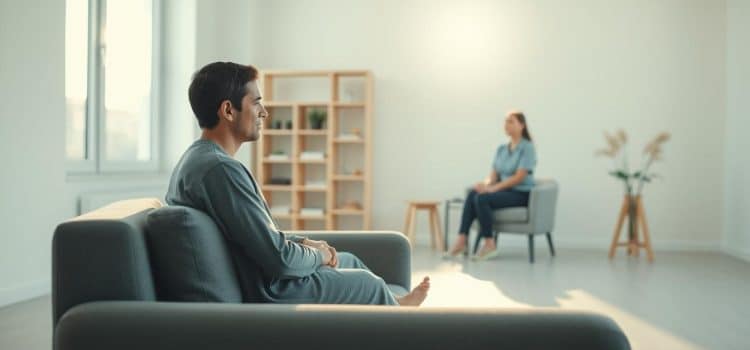 A tranquil, minimalist scene depicting the steps of a personalized therapy journey. In the foreground, a person sits comfortably on a plush, gray sofa, their expression one of introspection. Soft, natural lighting filters in through large windows, casting a warm glow on the scene. In the middle ground, a therapist sits across from the person, their body language open and welcoming. The background features clean, white walls and a simple, wooden bookshelf, creating a calming, therapeutic atmosphere. The overall mood is one of serenity and personal growth, reflecting the transformative nature of the manual therapy process.