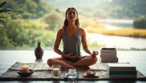 A tranquil scene of a person engaged in mind-body practices for pain relief. In the foreground, a person sits cross-legged on a plush yoga mat, eyes closed in deep meditation, hands resting gently on their lap. Soft, warm lighting casts a serene glow, creating a sense of inner calm. In the middle ground, various self-care tools are neatly arranged, including a scented candle, a bowl of crystals, and a stack of inspirational books. The background features a soothing, out-of-focus landscape with lush greenery and a calming body of water, evoking a connection to nature and the elements. The overall atmosphere is one of mindfulness, relaxation, and holistic well-being.