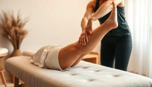 A tranquil, softly lit scene of a massage therapist expertly applying techniques to the lower limbs of a runner. The therapist's hands gently knead and manipulate the muscles, promoting relaxation and recovery. In the foreground, the runner's legs are elevated on a plush table, showcasing the targeted areas being treated. The background is a serene, minimalist studio space with clean lines and natural textures, creating a calming atmosphere conducive to the healing process. The lighting is warm and diffused, highlighting the therapist's focused movements and the runner's peaceful expression. The composition emphasizes the connection between the two figures, conveying the synergy of massage therapy and manual techniques for the optimal recovery of active individuals.