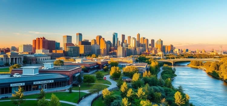 A vibrant cityscape of Calgary, showcasing a network of physiotherapy clinics dotting the urban landscape. The foreground features a diverse range of accessible facilities, each with a welcoming exterior and clear signage. The middle ground highlights scenic riverside views, with lush greenery and a winding pathway connecting the clinics. In the background, the iconic skyline of Calgary's downtown core stands tall, bathed in warm, golden lighting that creates a sense of tranquility and professionalism. The overall composition conveys a harmonious blend of convenience, accessibility, and the city's natural beauty, reflecting the comprehensive physiotherapy services available to the community.