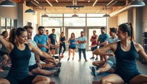 A vibrant community of sports enthusiasts gathers at Riverside Sports Therapy, a welcoming hub for physiotherapy and wellness. In the foreground, a group of athletes engage in dynamic stretching and rehabilitation exercises, their faces exuding determination. The middle ground showcases a team of dedicated therapists guiding their clients through personalized treatment plans, their expertise evident in their focused expressions. In the background, the clinic's modern and airy interior is bathed in warm, natural lighting, creating an inviting atmosphere that fosters camaraderie and healing. The overall scene conveys a sense of unity, where individuals come together to support one another's recovery and pursuit of athletic excellence.
