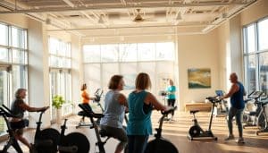 A vibrant community rehabilitation center, bathed in warm natural light streaming through expansive windows. In the foreground, a group of patients engaged in various therapeutic activities - some on exercise bikes, others practicing balance exercises with the guidance of attentive physical therapists. The middle ground showcases a modern, well-equipped gym space with state-of-the-art rehabilitation equipment, conveying a sense of dedication to patient recovery. In the background, a serene, calming environment with soothing artwork on the walls and ample spaces for rest and relaxation, fostering a holistic approach to neurological rehabilitation. The overall atmosphere exudes a spirit of hope, empowerment, and a commitment to personalized care.
