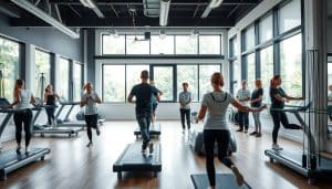 A vibrant rehabilitation center, flooded with natural light from large windows. In the foreground, patients engage in various physical therapy exercises, their movements fluid and purposeful. The middle ground showcases innovative equipment like antigravity treadmills and resistance bands, all meticulously arranged. In the background, a team of dedicated physiotherapists observes and guides the patients, their expressions focused yet encouraging. The atmosphere radiates a sense of progress and empowerment, as the clinic embodies the spirit of innovative and personalized rehabilitation programs.