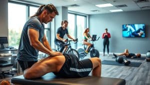 A vibrant scene of an athlete undergoing various integrated therapies in a modern, well-equipped sports medicine clinic. In the foreground, a muscular runner receives a targeted massage from a skilled physiotherapist, their focused expressions conveying the intensity of the treatment. In the middle ground, a cyclist pedals on a stationary bike while a trainer monitors their progress on a nearby screen. In the background, a yoga instructor guides a group of athletes through a series of restorative poses, the soft natural light filtering in through large windows. The atmosphere is one of holistic care, with the latest technologies and techniques seamlessly integrated to support the athletes' physical and mental well-being.