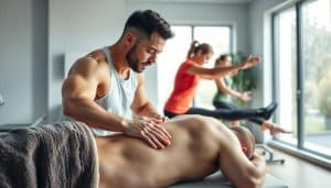 A vibrant scene of athletic therapy and physiotherapy in synergistic harmony. In the foreground, a muscular athlete undergoes a targeted massage therapy session, their body draped in warm towels. The middle ground features a physiotherapist guiding a patient through a series of stretches and exercises, their movements captured in dynamic motion blur. In the background, the clinic's bright, airy atmosphere is illuminated by natural light filtering through large windows, casting a soothing glow over the space. The overall mood is one of focused, holistic care, where the complementary disciplines of athletic therapy and physiotherapy work in tandem to facilitate optimal sports recovery.