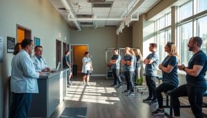 A vibrant team of sports medicine professionals in a state-of-the-art clinic, capturing the essence of Riverside Sports Therapy in Calgary. A warm, welcoming reception area leads to an examination room where a physician attentively assesses an athlete's injury. Nearby, physical therapists guide patients through targeted rehabilitation exercises, while athletic trainers provide hands-on treatment and supportive care. The clinic is filled with natural light, creating a calming, rejuvenating atmosphere. Sleek, modern equipment and advanced diagnostic tools underscore the clinic's commitment to providing comprehensive, cutting-edge sports medicine services.