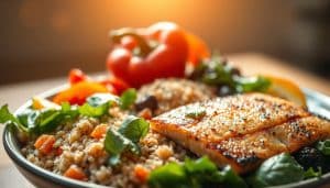 A visually appetizing anti-inflammatory meal, featuring a colorful array of fresh vegetables, whole grains, and lean protein. The scene is lit by warm, natural sunlight, casting a soft glow on the well-plated dish. The composition highlights the vibrant hues and textures of the ingredients, such as leafy greens, roasted bell peppers, quinoa, and grilled salmon. The mood is one of nourishment and well-being, conveying the restorative power of an anti-inflammatory diet for managing chronic pain. The camera angle emphasizes the dish's visual appeal, inviting the viewer to imagine the flavors and the potential benefits to their physical health.