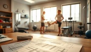 A warm, well-lit physiotherapy clinic interior. In the foreground, a customized treatment plan for an athlete lies on a desk, filled with detailed notes and sketches. In the middle ground, a physiotherapist examines a runner's leg, using hands-on manual therapy techniques. The background showcases various exercise equipment and rehabilitation tools, conveying a sense of expertise and personalized care. The overall mood is professional, inviting, and focused on the athlete's unique needs and recovery process.