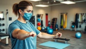 A well-equipped physical therapy clinic, filled with state-of-the-art equipment and personalized programs. In the foreground, a patient performs targeted exercises under the watchful eye of a physical therapist, their face a mask of concentration. The middle ground showcases a variety of rehabilitation tools, from exercise balls to resistance bands, arranged in a neat, organized manner. The background depicts a serene, calming environment, with soft lighting and soothing neutral tones, creating an atmosphere of healing and recovery. The scene conveys the customized, patient-centric approach of the physical therapy practice, where individual needs and goals are the primary focus.