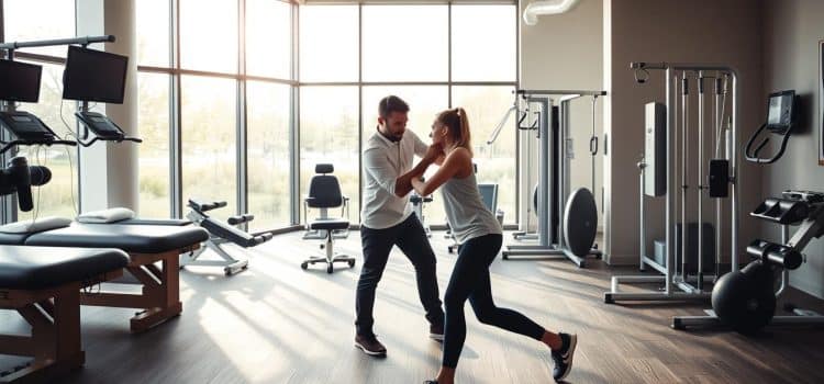 A well-equipped physiotherapy clinic in Calgary, with a patient undergoing sports injury rehabilitation. The foreground features a physical therapist guiding the patient through a targeted exercise routine, their movements captured in a sharp, dynamic pose. The middle ground showcases the clinic's state-of-the-art equipment, including massage tables, exercise machines, and monitoring devices. The background depicts a soothing, calming environment with large windows allowing natural light to flood the space, creating a sense of warmth and healing. The overall atmosphere conveys a professional, caring, and results-oriented approach to sports injury recovery.