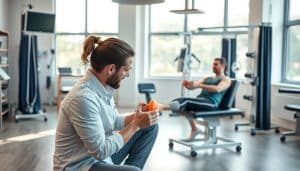 A well-equipped physiotherapy clinic with state-of-the-art equipment. In the foreground, a physical therapist carefully assessing a patient's injured knee, using advanced diagnostic techniques. The middle ground features rehabilitation exercises, with the patient diligently performing targeted movements under the therapist's supervision. The background showcases a bright, airy space with large windows, creating a calming and restorative atmosphere. Soft, natural lighting illuminates the scene, and the overall composition conveys a sense of professionalism, expertise, and a patient-centric approach to comprehensive injury assessment and rehabilitation.