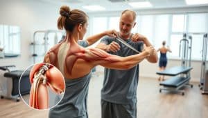 A well-lit, clinical physiotherapy setting with a patient undergoing shoulder and joint rehabilitation exercises. A physiotherapist guides the patient through a series of targeted movements, demonstrating proper form and technique. In the foreground, detailed views of the shoulder and elbow joints, with annotations highlighting key muscle groups and connective tissues. In the middle ground, the patient performs exercises utilizing resistance bands and weight-bearing equipment. The background features modern, high-tech rehabilitation equipment and soothing, neutral-toned decor to create a calming, professional atmosphere.