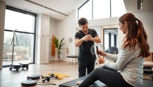 A well-lit, detailed physiotherapy assessment scene in a modern clinic. In the foreground, a physiotherapist examines a patient's leg, using a goniometer to measure range of motion. The middle ground shows various assessment tools like reflex hammers, elastic bands, and balance pads. The background features sleek, minimalist clinic decor with large windows allowing natural light to flood the space. The atmosphere is calm, professional, and focused, conveying the expertise and care of the sports physiotherapy service.