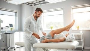 A well-lit examination room with a physiotherapist assessing a patient's injured leg. The patient is lying on an examination table, and the physiotherapist is carefully examining the affected area, using their hands to palpate and assess the injury. The room has clean, modern medical equipment and decor, creating a professional and reassuring atmosphere. Bright, natural lighting streams in from large windows, illuminating the scene and highlighting the details of the assessment process. The physiotherapist's expression is one of focused concentration, while the patient appears relaxed and trusting. The overall composition conveys a sense of expertise, care, and a comprehensive approach to injury assessment and treatment.