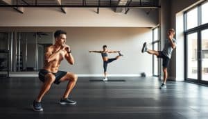 A well-lit, high-quality photograph of a fitness studio showcasing a variety of strength and mobility exercises for runners. In the foreground, a runner performing weighted squats with perfect form, their muscles flexing with controlled intensity. In the middle ground, a runner stretching their hamstrings and quads, their movements fluid and graceful. In the background, a runner balancing on one leg, performing single-leg deadlifts with a dumbbell, their core engaged and their posture upright. The overall scene conveys a sense of purpose, discipline, and the holistic approach to improving strength and mobility for optimal running performance.