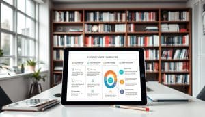 A well-lit, high-resolution image of a physiotherapy clinic, showcasing a neatly organized bookshelf filled with medical journals and reference materials. In the foreground, a tablet device displays an infographic outlining evidence-based physiotherapy guidelines, with clear, legible text and intuitive icons. The middle ground features a desk with a laptop, pens, and other professional tools, creating a sense of a dedicated workspace for research and patient care. The background depicts a serene, calming environment with natural light filtering through large windows, conveying a sense of professionalism and attention to detail in the clinic's approach to evidence-based practice.
