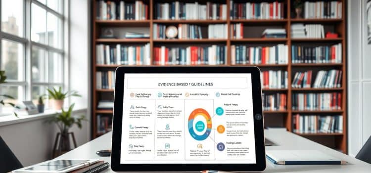 A well-lit, high-resolution image of a physiotherapy clinic, showcasing a neatly organized bookshelf filled with medical journals and reference materials. In the foreground, a tablet device displays an infographic outlining evidence-based physiotherapy guidelines, with clear, legible text and intuitive icons. The middle ground features a desk with a laptop, pens, and other professional tools, creating a sense of a dedicated workspace for research and patient care. The background depicts a serene, calming environment with natural light filtering through large windows, conveying a sense of professionalism and attention to detail in the clinic's approach to evidence-based practice.