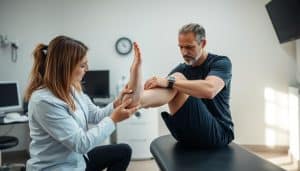 A well-lit medical examination room with a sports therapist carefully assessing a patient's injured ankle. The therapist is examining the joint, palpating the affected area, and observing the range of motion. The patient is sitting on an examination table, their leg elevated and exposed. In the background, medical equipment, such as a computer and diagnostic tools, are visible, conveying a professional, clinical atmosphere. The lighting is soft and natural, creating a calming and reassuring environment. The composition emphasizes the interaction between the therapist and the patient, highlighting the care and expertise involved in the sports injury assessment process.