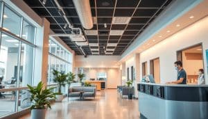 A well-lit, modern healthcare clinic with a clean, professional atmosphere. In the foreground, a reception desk with a friendly receptionist assisting patients. The middle ground features a waiting area with comfortable seating and plants, conveying a calming environment. The background showcases exam rooms and administrative offices, all adhering to strict health and safety protocols. The lighting is warm and evenly distributed, creating a welcoming ambiance. The overall composition emphasizes the clinic's commitment to providing a safe, compliant, and accessible healthcare experience.