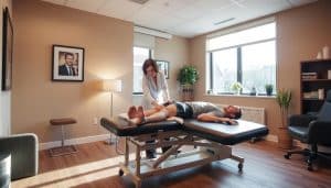 A well-lit physiotherapy consultation room, with a physiotherapist attentively assisting a patient on a treatment table. The patient is lying comfortably, while the physiotherapist performs a careful examination, using specialized equipment like ultrasound or electrotherapy devices. The room has a calming, professional atmosphere, with soothing earth-toned decor and modern, ergonomic furniture. Soft, natural lighting filters in through large windows, creating a warm, inviting ambiance. The scene conveys a sense of trust, expertise, and personalized care, reflecting the high-quality services offered at Riverside Sports Therapy.