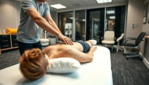 A well-lit sports physiotherapy clinic, with a physical therapist performing various manual therapy techniques on a patient lying on a treatment table. In the foreground, the therapist's hands are expertly manipulating the patient's joints and soft tissues, using gentle mobilization, muscle release, and other targeted manual interventions. The middle ground showcases the treatment table, equipped with support pillows and a clean, sterile surface. In the background, the clinic's neutral-toned walls and modern, ergonomic equipment create a calming, professional atmosphere conducive to effective rehabilitation. The scene is captured through a medium-range, slightly elevated camera angle, emphasizing the therapist's skilled hands and the patient's relaxed, trusting posture.