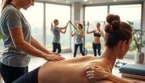 A well-lit sports therapy clinic with a relaxing, spa-like atmosphere. In the foreground, a physiotherapist performs a manual therapy technique on a patient's back, their hands kneading the muscles with care and precision. In the middle ground, another physiotherapist guides a patient through a series of rehabilitation exercises, using resistance bands and other equipment. The background features calming natural scenery, perhaps a serene landscape with soft lighting filtering through large windows. The overall scene conveys a sense of healing, professionalism, and personalized attention to the patient's needs.