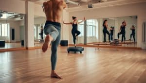 A well-lit studio setting with a hardwood floor and mirrored walls. In the foreground, a person is performing a single-leg balance exercise, their torso perfectly upright and core engaged. The middle ground features a person doing a Bosu ball challenge, their body poised with graceful control. In the background, individuals are navigating a balance beam, their movements fluid and precise. Warm, natural lighting casts a soft glow, accentuating the focus and discipline of the advanced stability exercises. The overall atmosphere exudes a sense of calm, concentration, and the pursuit of physical excellence.