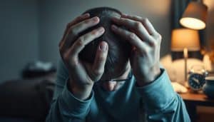 Chronic pain triggers: a detailed scene. In the foreground, a person's hands gripping a throbbing head, expressing intense discomfort. In the middle ground, various common irritants - a bright light, a steaming cup of coffee, and a blaring alarm clock. In the background, a dimly lit room, hinting at the need for rest and relaxation. Soft, diffused lighting casts shadows, creating a sense of tension and unease. The overall mood is one of distress, as the viewer is confronted with the tangible manifestations of the pain's triggers. A 35mm lens captures the scene, providing a close, intimate perspective.