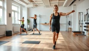 Personalized rehabilitation exercise plan with a fitness model performing dynamic stretches and strength training exercises in a modern physiotherapy clinic. Bright, airy space with natural lighting, wood floors, and minimalist decor. The plan features a variety of exercises tailored to the patient's specific needs and injury, including core stabilization, joint mobility, and muscle activation. The model is dressed in activewear and has a focused, determined expression, conveying the dedication required for a successful recovery.