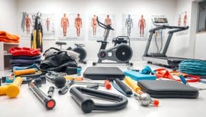 Physiotherapy treatment options: A detailed closeup of various physiotherapy tools and equipment arranged on a clean, white surface. The foreground features an array of massage tools, resistance bands, balance boards, and heat/cold therapy pads. The middle ground showcases a stationary exercise bike and a treadmill, with a background of medical posters and anatomical diagrams illustrating different treatment modalities. The lighting is bright and evenly distributed, creating a professional, clinical atmosphere. The overall composition conveys a sense of comprehensive, innovative rehabilitation options available to patients.