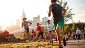 Running challenges solutions Calgary, a vibrant cityscape with runners navigating diverse terrains. In the foreground, athletes overcome obstacles like hills and uneven surfaces, their determined expressions capturing the spirit of perseverance. The middle ground showcases runners receiving guidance from physiotherapists, demonstrating the importance of professional care. The background features the iconic skyline of Calgary, its modern architecture and lush greenery providing a dynamic backdrop. Warm sunlight filters through, casting a golden glow and highlighting the resilience of the runners. The scene conveys a sense of community, where runners find the support and solutions they need to overcome their challenges and reach their goals.