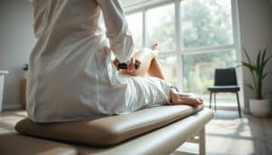 physiotherapy assessment of a patient in a modern rehabilitation clinic, with a physiotherapist performing manual therapy techniques on the patient's lower back and legs, using a rolling massage tool, observed from a close, eye-level perspective; the physiotherapist wears a white lab coat and the patient is lying on a padded treatment table, the clinic has bright, natural lighting from large windows, the room is clean and minimalist in design with a calming, professional atmosphere