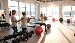 A brightly lit rehabilitation center in Calgary, Canada, showcasing a wide range of customized programs and exercises. In the foreground, a physiotherapist guides a patient through a series of personalized stretches and movements. The middle ground features various exercise equipment, including free weights, resistance bands, and stability balls, all neatly arranged. The background showcases a modern, airy space with large windows overlooking the Bow River, creating a serene and calming atmosphere. The overall scene conveys a sense of professionalism, personalized care, and a focus on holistic rehabilitation.