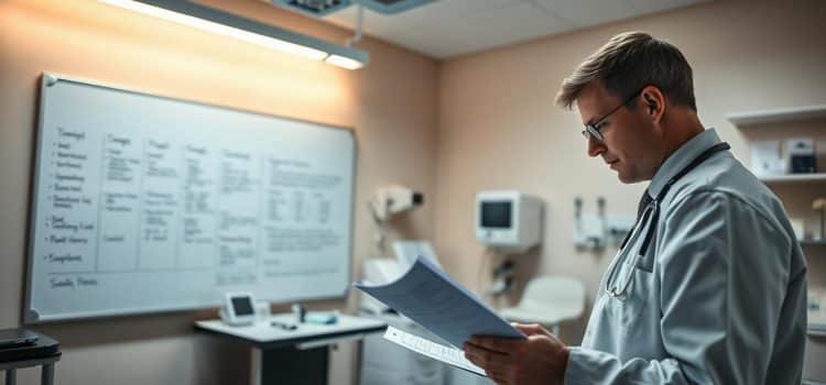 A clinical examination room illuminated by soft, directional lighting. In the foreground, a doctor reviews a patient's medical chart, deep in thought. In the middle ground, a large whiteboard displays a series of symptoms and potential diagnoses, guiding the differential diagnosis process. The background showcases an array of medical instruments and equipment, suggesting a meticulously organized and professional environment. The overall atmosphere evokes a sense of focused, analytical problem-solving, reflecting the nuanced nature of differential diagnosis in pain management.