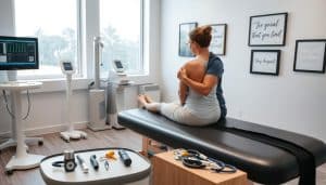 A clinical examination room with modern medical equipment, including a computer monitor displaying test results, a digital scale, and a physical therapy massage table. Bright, natural lighting filters in through large windows, creating a calming, professional atmosphere. In the foreground, a patient sits upright on the table, undergoing a thorough evaluation by a physiotherapist, who is carefully examining the patient's range of motion and assessing any areas of concern. The middle ground features a variety of diagnostic tools, such as a reflex hammer, goniometer, and stethoscope, neatly arranged on a side table. The background showcases inspirational wall art and certificates, highlighting the expertise and credentials of the healthcare providers.