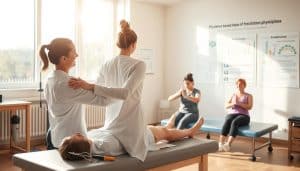 A clinical physiotherapy setting, bathed in warm natural light filtering through large windows. In the foreground, a physiotherapist demonstrating evidence-based techniques on a patient, their movements graceful and purposeful. Instruments and tools for assessment and treatment neatly arranged nearby. In the middle ground, patients engaged in various rehabilitation exercises, their faces determined yet serene. The background features informative posters and diagrams outlining the principles of evidence-based physiotherapy, lending an air of professionalism and expertise to the scene. The overall atmosphere conveys a sense of care, collaboration, and a commitment to data-driven, effective treatment approaches.