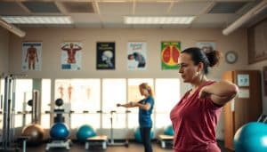 A clinical rehabilitation center, bathed in warm, natural lighting. In the foreground, a patient diligently performs resistance exercises under the watchful eye of a physiotherapist, their expressions focused and determined. The middle ground showcases a range of specialized equipment, from exercise balls to balance boards, reflecting the multifaceted nature of the rehabilitation process. In the background, colorful anatomical charts and motivational posters adorn the walls, creating a soothing and educational atmosphere. The overall scene conveys a sense of progress, empowerment, and the collaborative effort between patient and healthcare provider in the journey towards recovery.